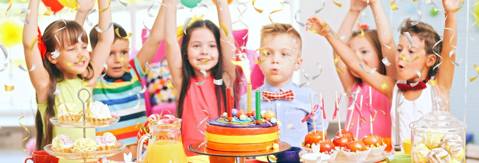 Children's funny birthday party in decorated room